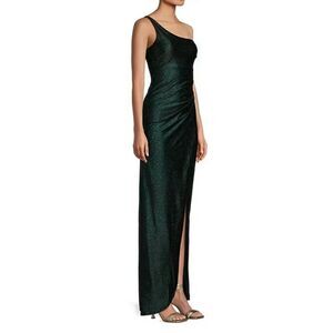 NWT Honey and Rosie  Green Sparkly One Shoulder Pleated Sideb Long Dress Prom Dr